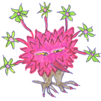 Boule rose à pate et à piques avec des fleurs vertes à cinq pétales